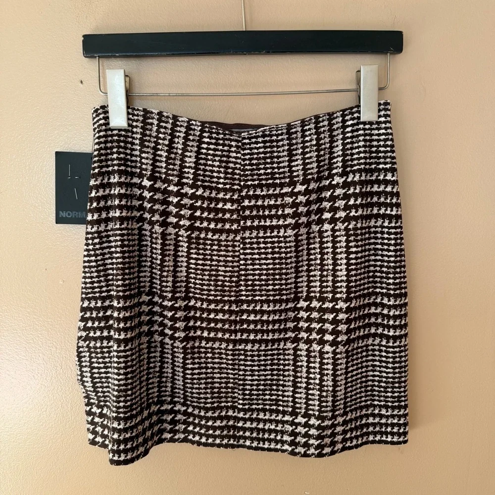 Norma Kamali mini skirt side slit Glenn plaid chocolate stretch M - Picture 8 of 8